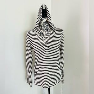 ROXY Women’s Black White Striped V-Neck Long Sleeve Logo Sweatshirt Hoodie